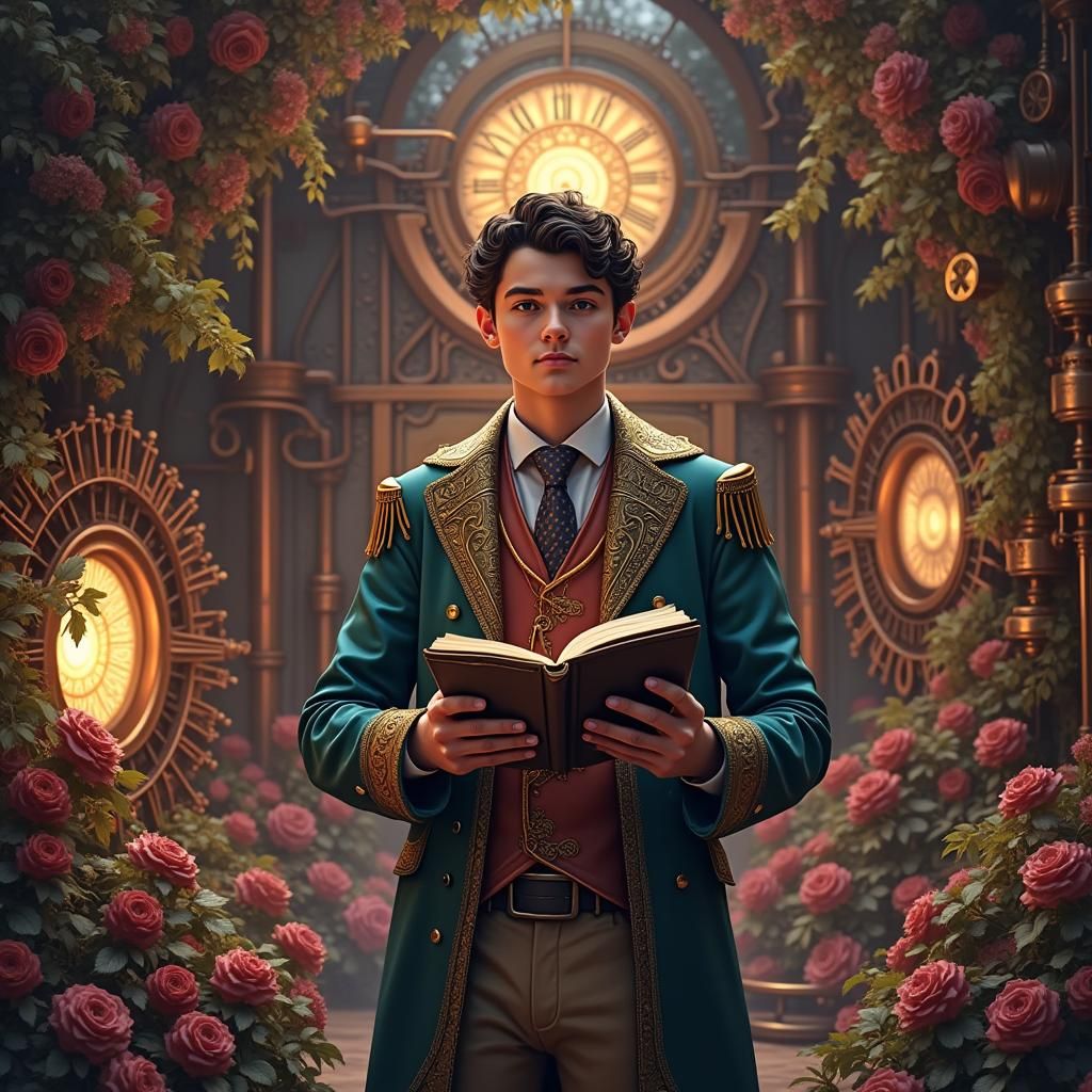 Steampunk Engine with Clockwork Flowers in Art Nouveau Style