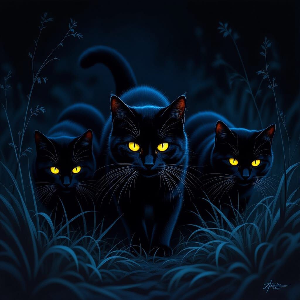 Feral Cats Emerge from Darkness with Glowing Yellow Eyes