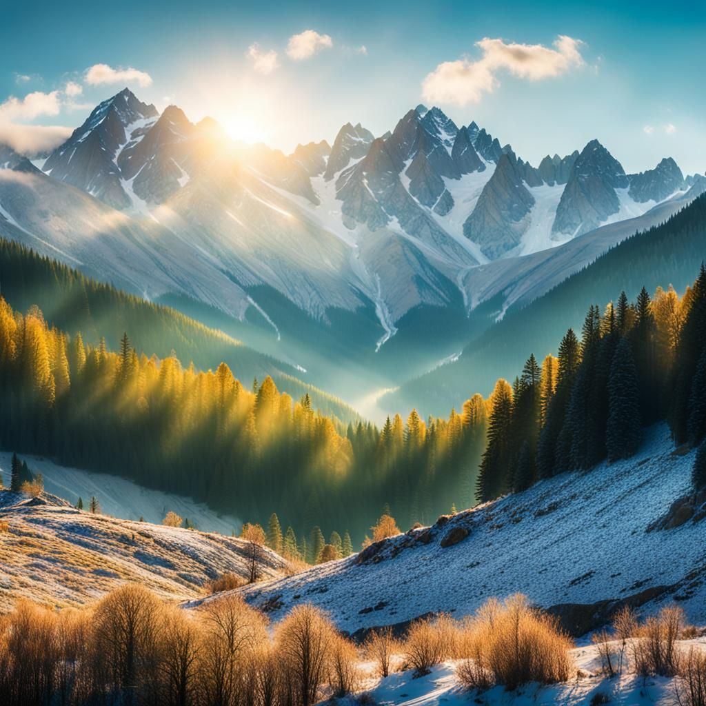Snow-Capped Mountains Over Serene Forest Landscape