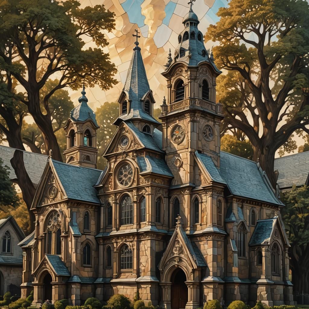 Baroque Church with Stained Glass in Oil Painting Style
