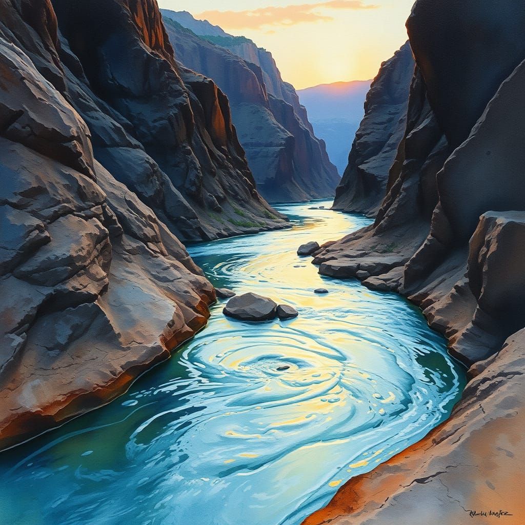 River at Twilight, Impressionistic Watercolor