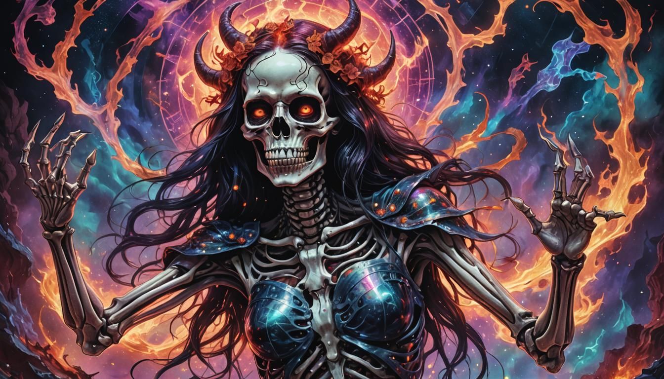 Skeleton Devil Woman in Astral Cosmic Art