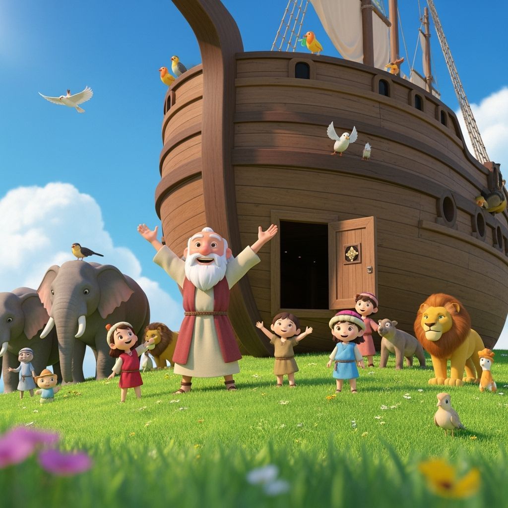 Family Gathered Around Ship on Sunny Hill in 3D Cartoon Styl...