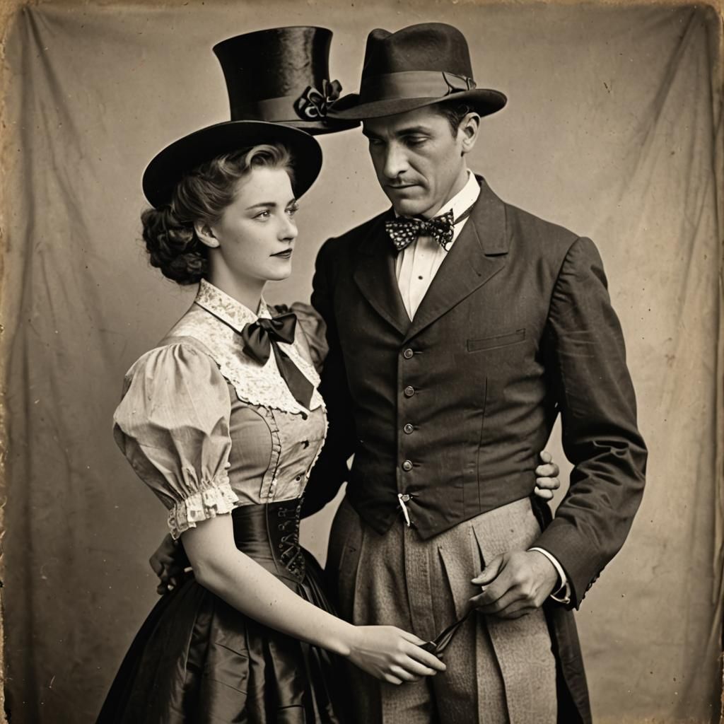 Woman in Corset and Hat Embracing Man