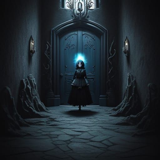 Whimsical Dark Fantasy Girl Standing Before Mysterious Door