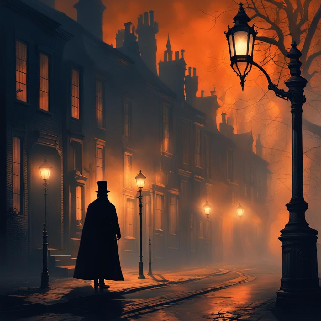 Gothic Figure Under Gaslight in Victorian Street