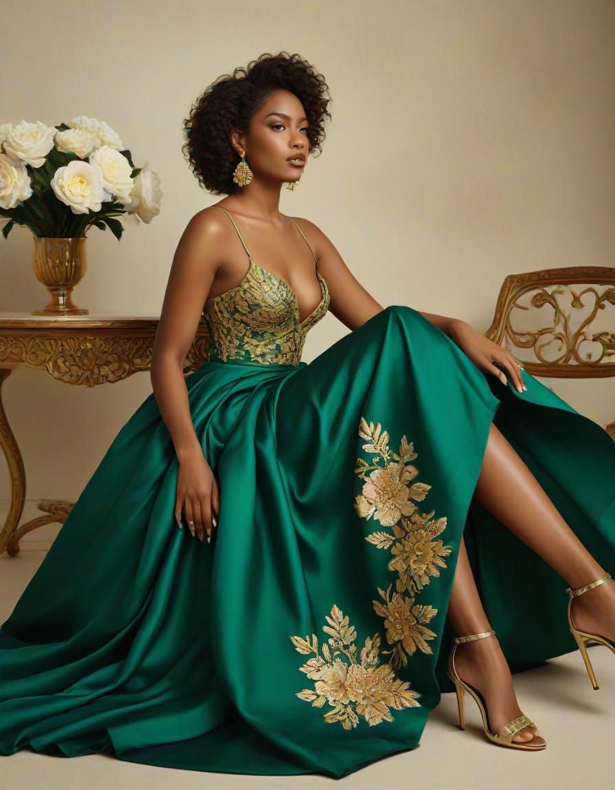 Elegant Woman in Emerald Gown with Gold Embroidery