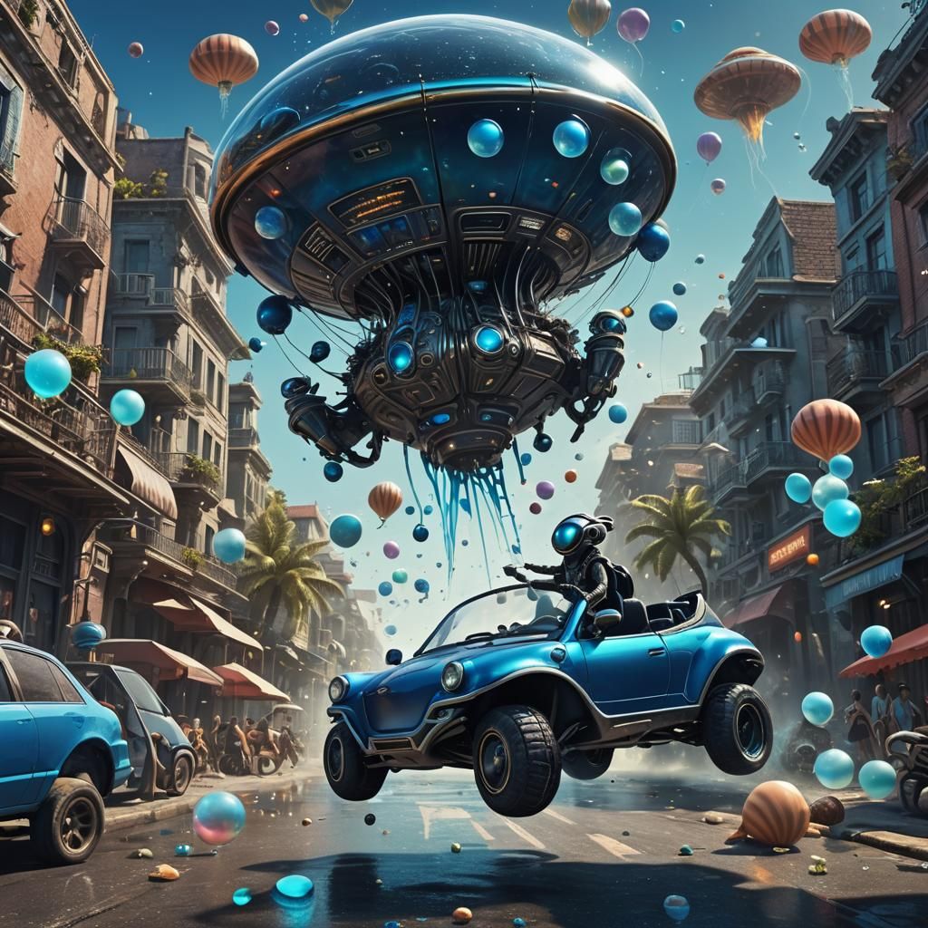 Alien DJ and Starship Cabriolet on Bubble Street