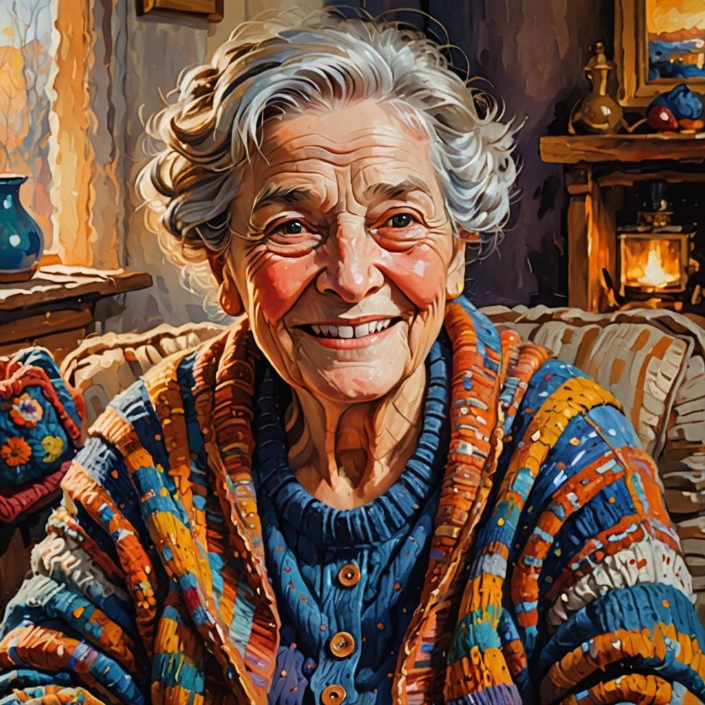 Smiling Grandmother Knitting: Neo-Impressionist Oil Painting