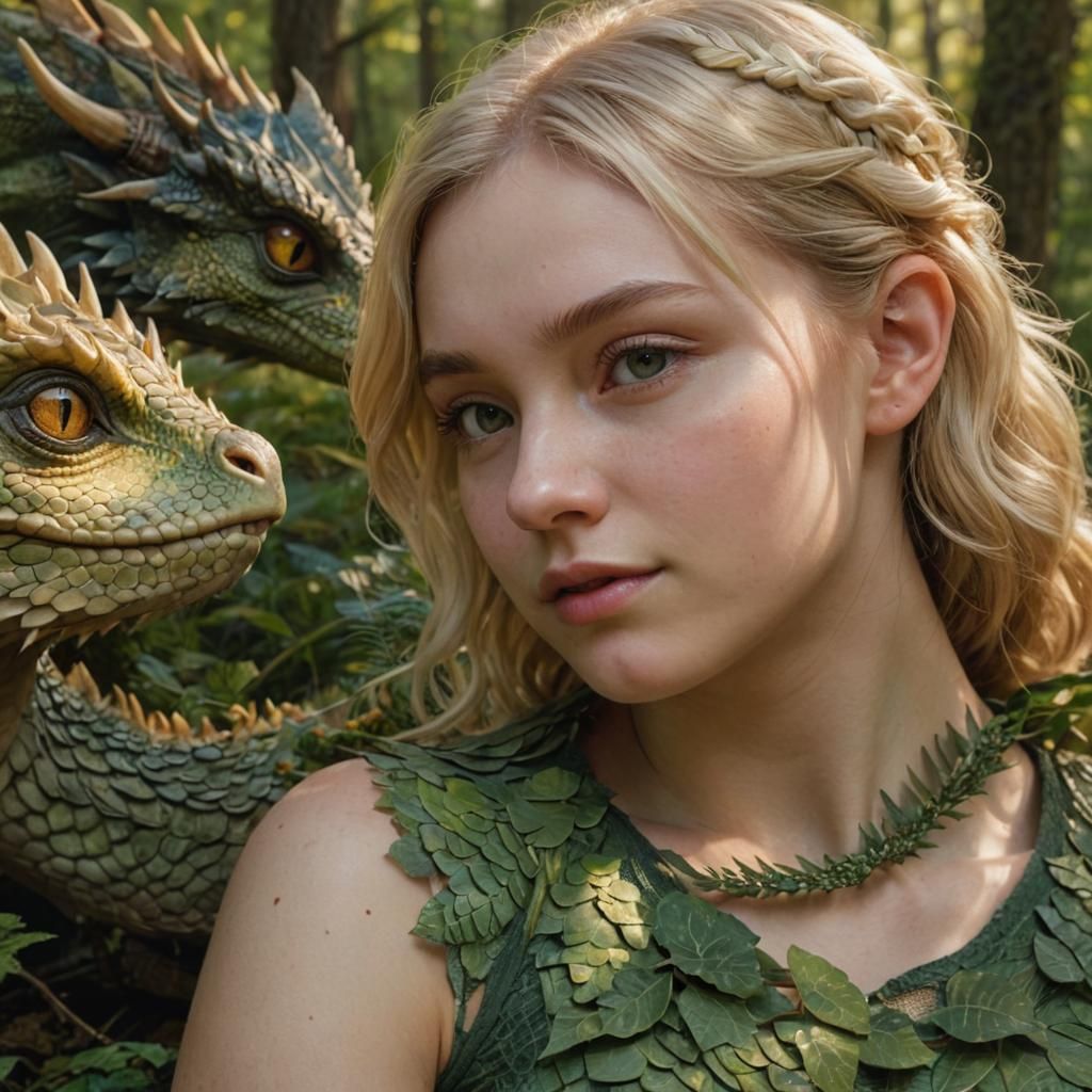 Teen Girl with Dragon in Forest, Photorealistic Portrait