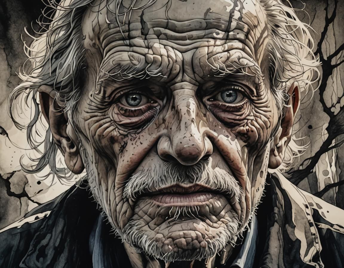 Mysterious Old Man: Surreal Pen and Ink Portrait