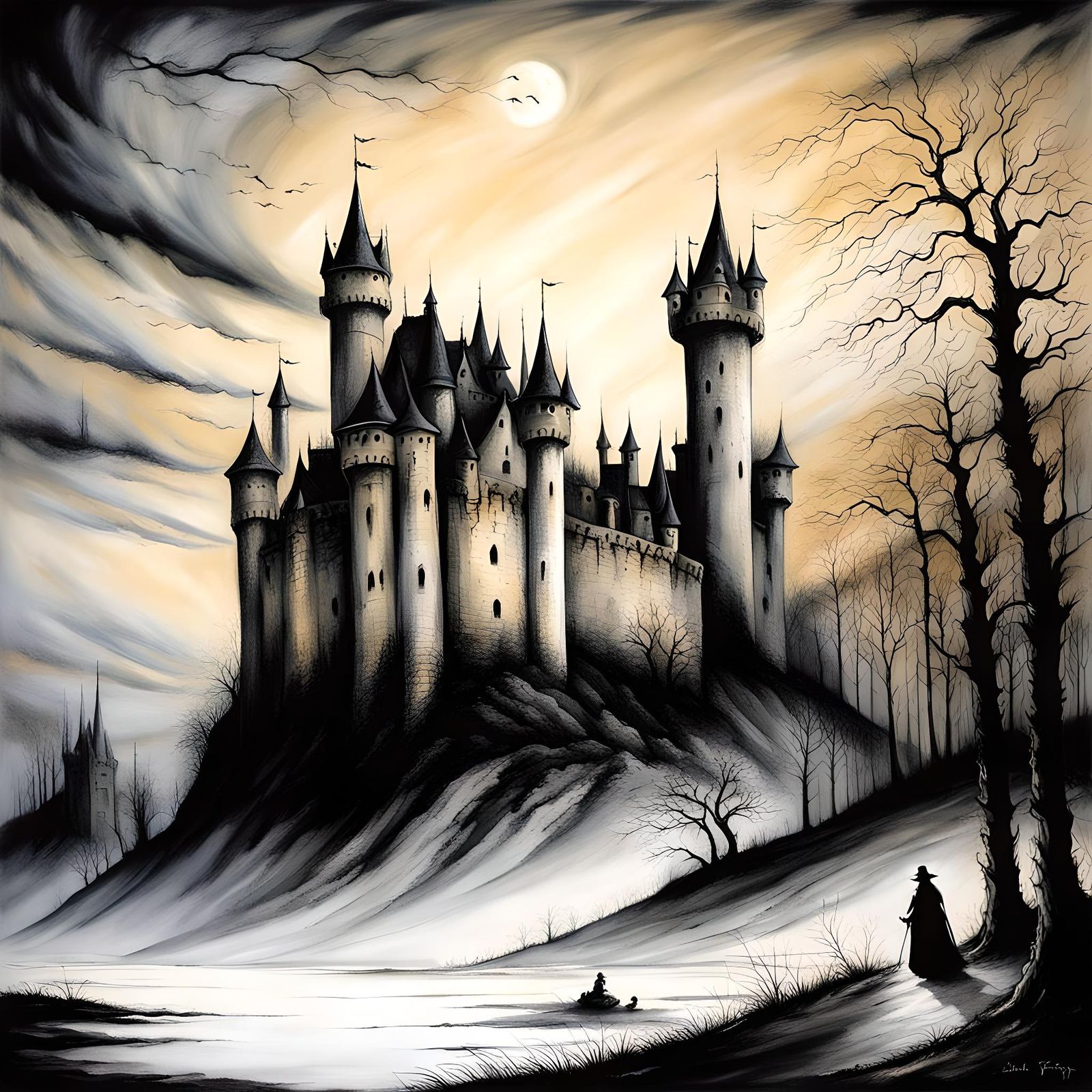 Surreal Shaded Castle in Twilight Shadows