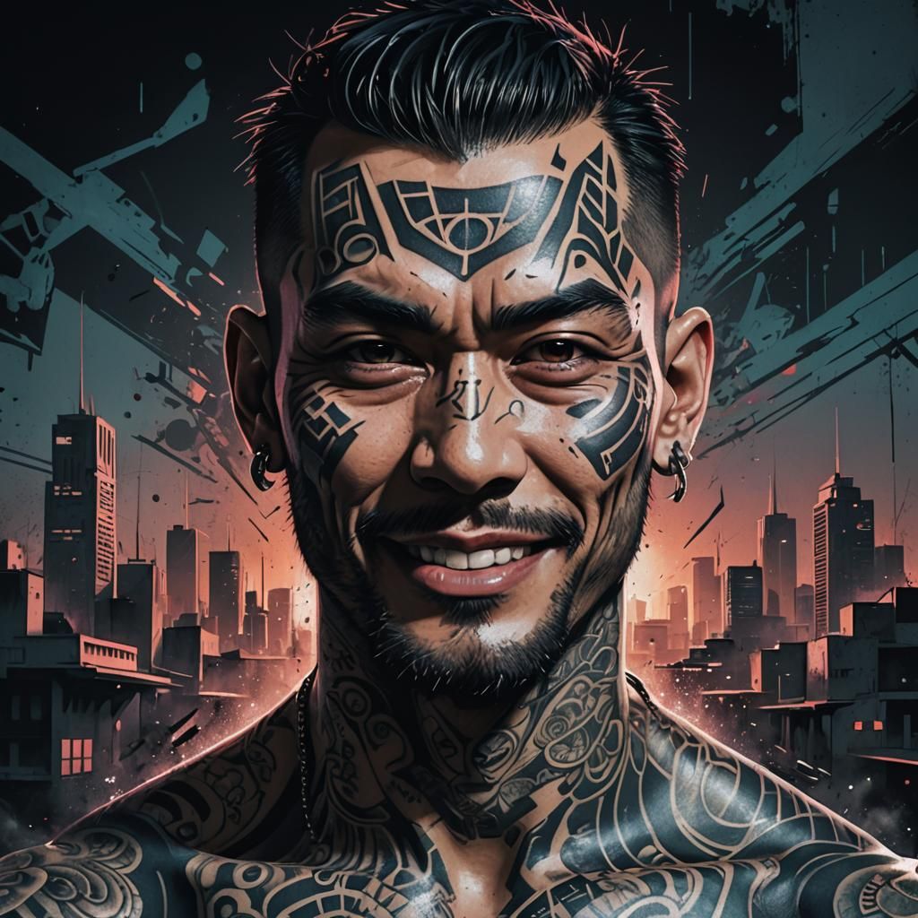 Brutalist Tattoo Portrait with Asian Street Style