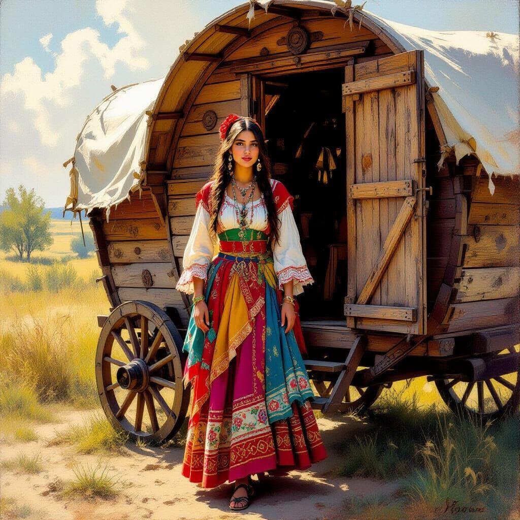 Romani Woman in Traditional Costume by Wooden Caravan