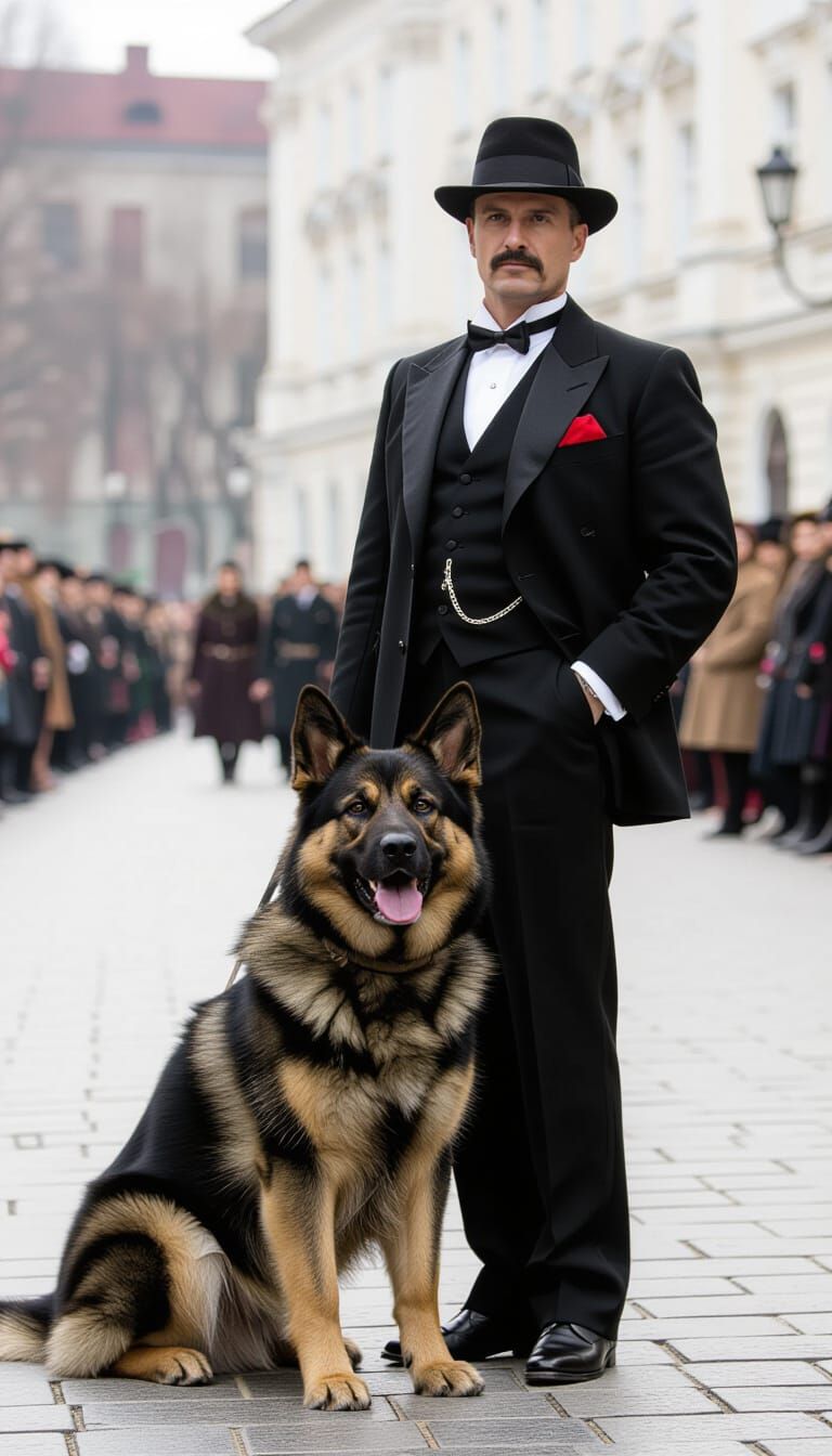 Mafia Man with Military Dog in Cinematic Portrait