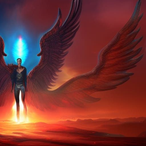 Lucifer-Faced Man with Angel Wings on Mars