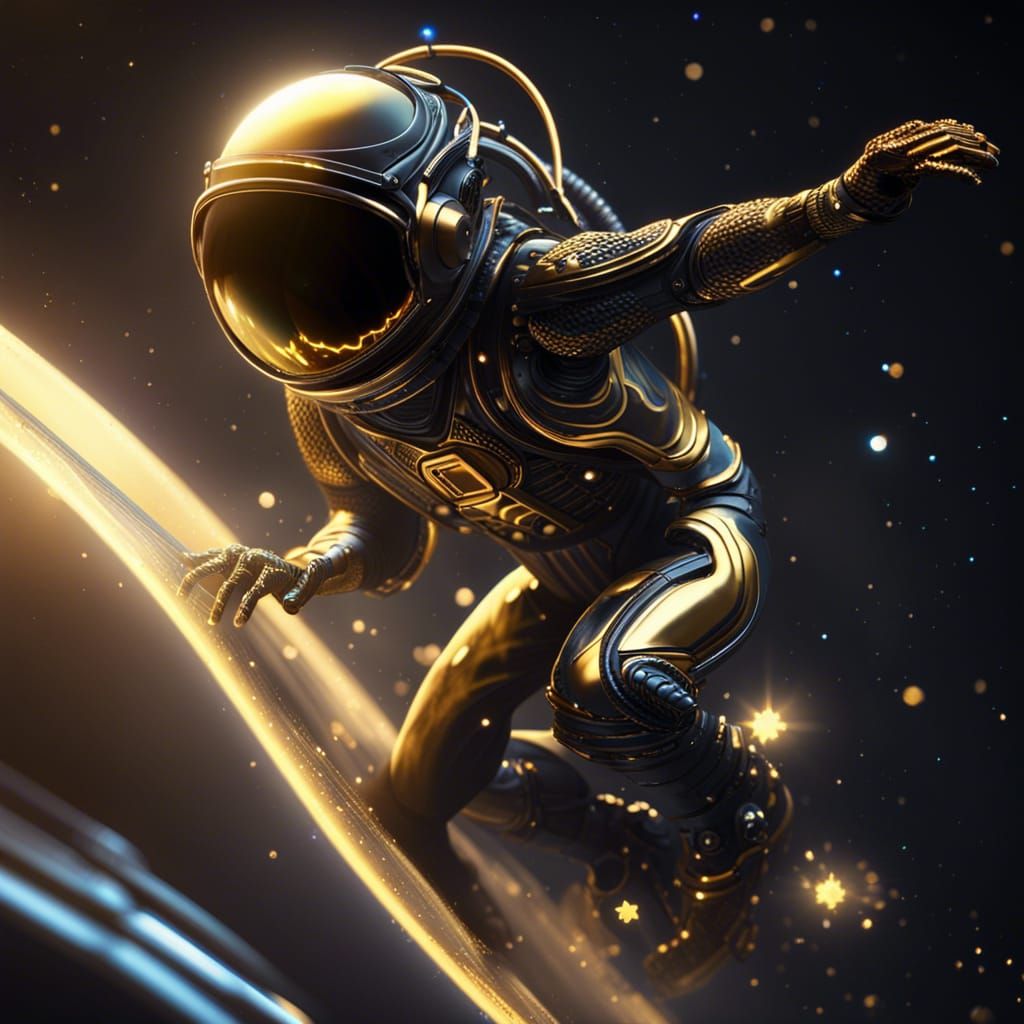 Hyperrealistic  black and gold entangled alien astronaut surfing through the stars dynamic lighting Unreal Engine cool c...