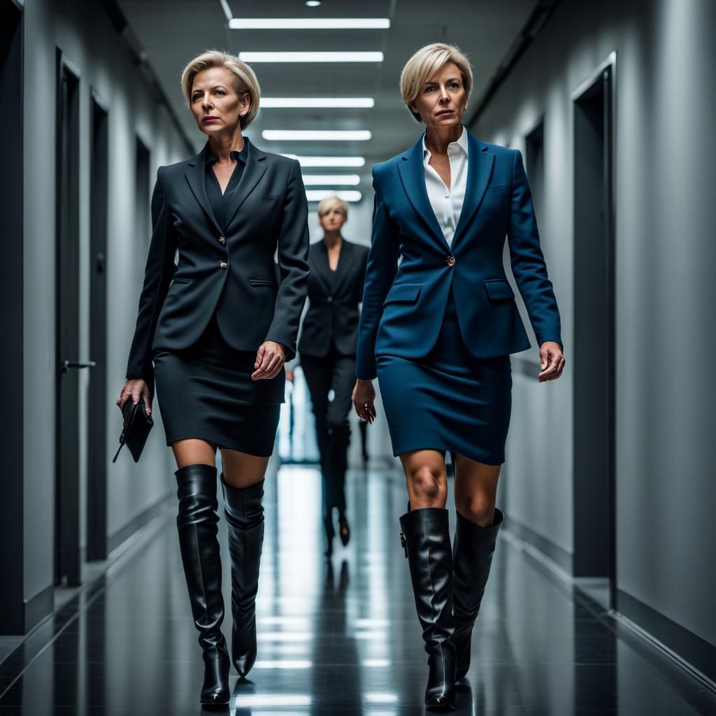 Businesswomen Walking Down Metallic Office Hallway