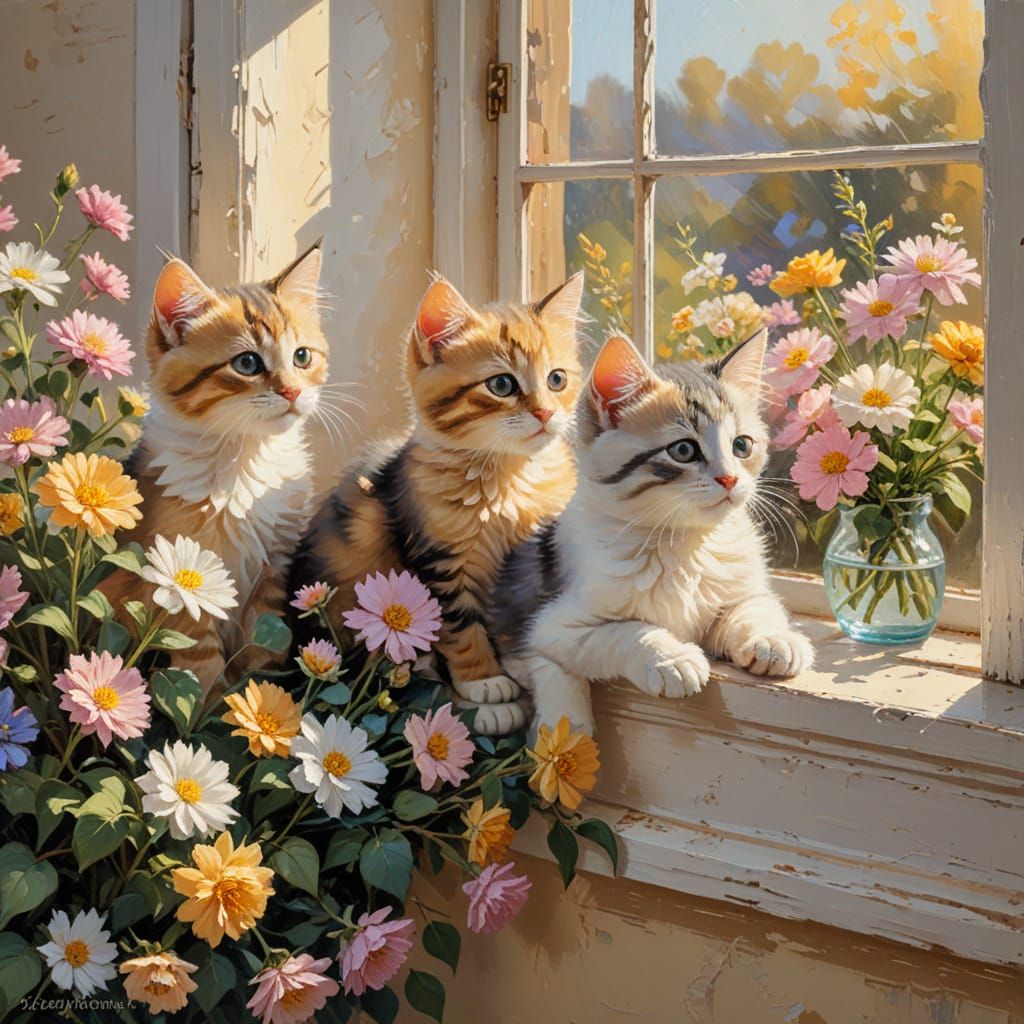 Kittens on Ledge with Flowers in Neo-Impressionism
