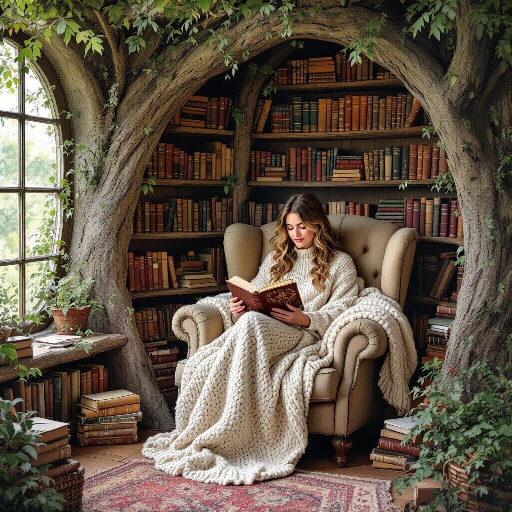 Cozy Treehouse Reading Nook in Watercolor Style