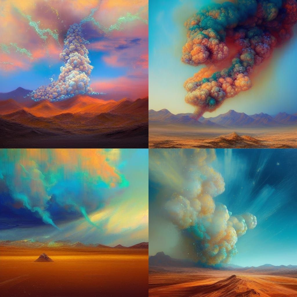 Desert landscape, mountains, chemical explosion, puff of smo...