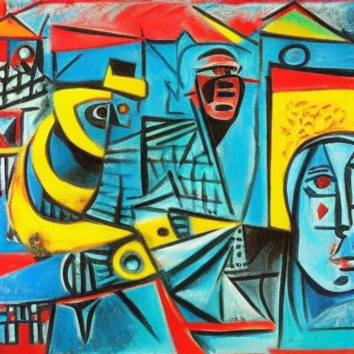 Surrealist Cubist Painting with Afro-Futurist Influences