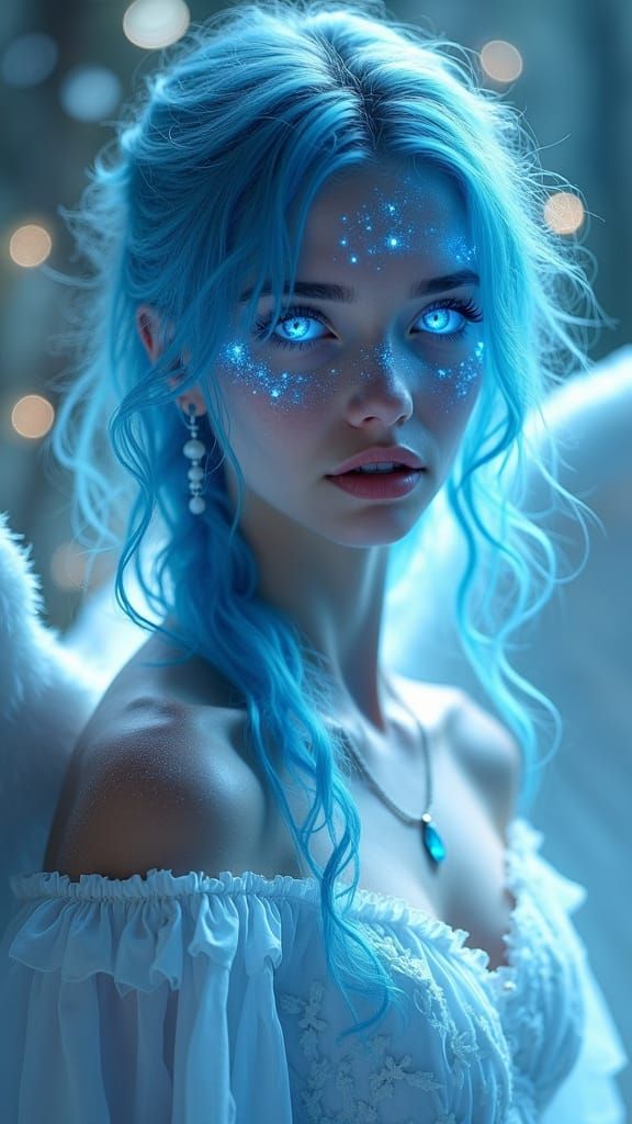 Angelic Girl with Blue Tattoos in Photorealistic Style