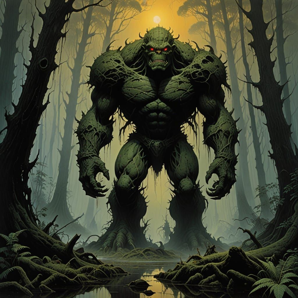 Heroic Clay Golem Defies the Swamp in Macabre Fantasy Style