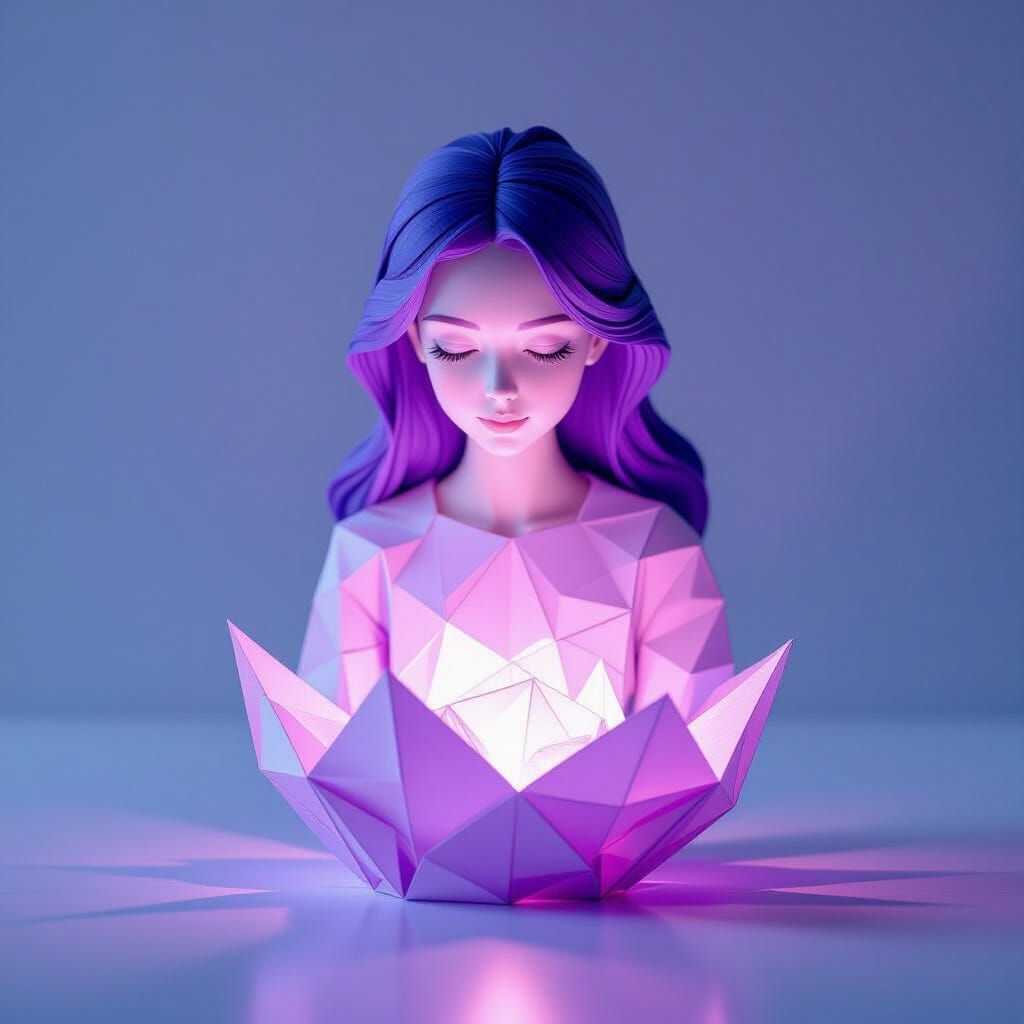 Purple Glowing Glass Sculpture of a Girl in Papercraft Style