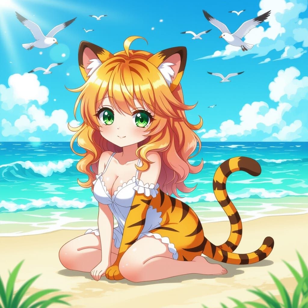 Chibi Anime Woman with Tiger Features on Serene Beach