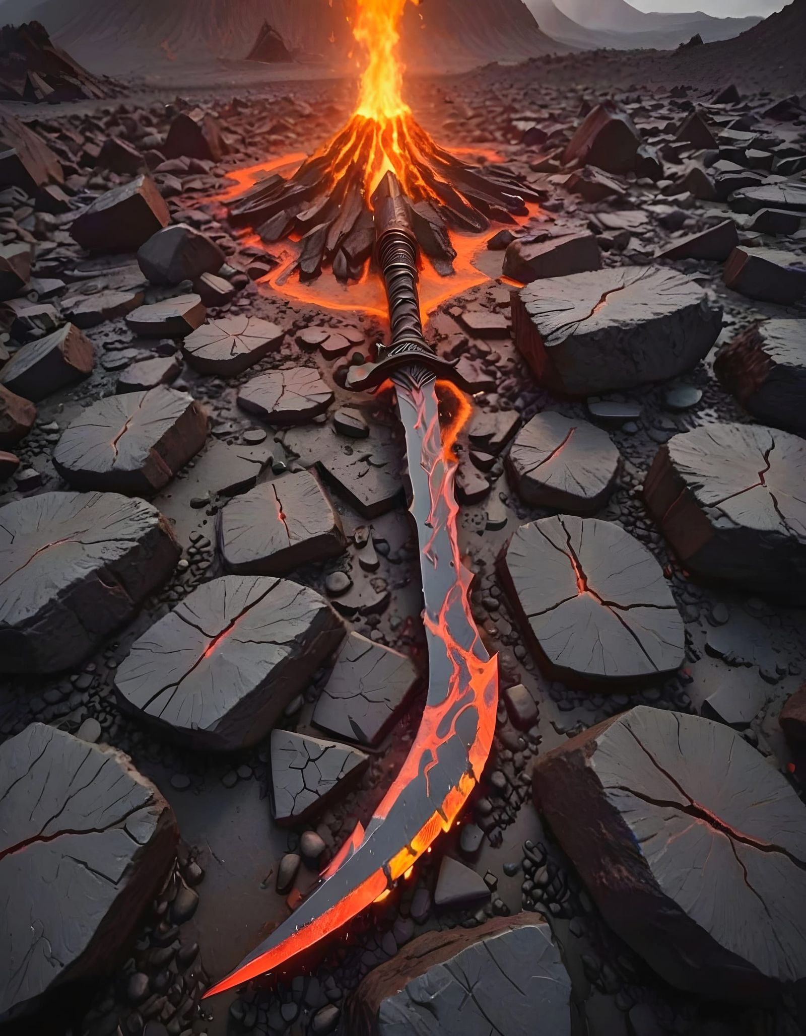 A Scythe lies on the obsidian floor of lava.