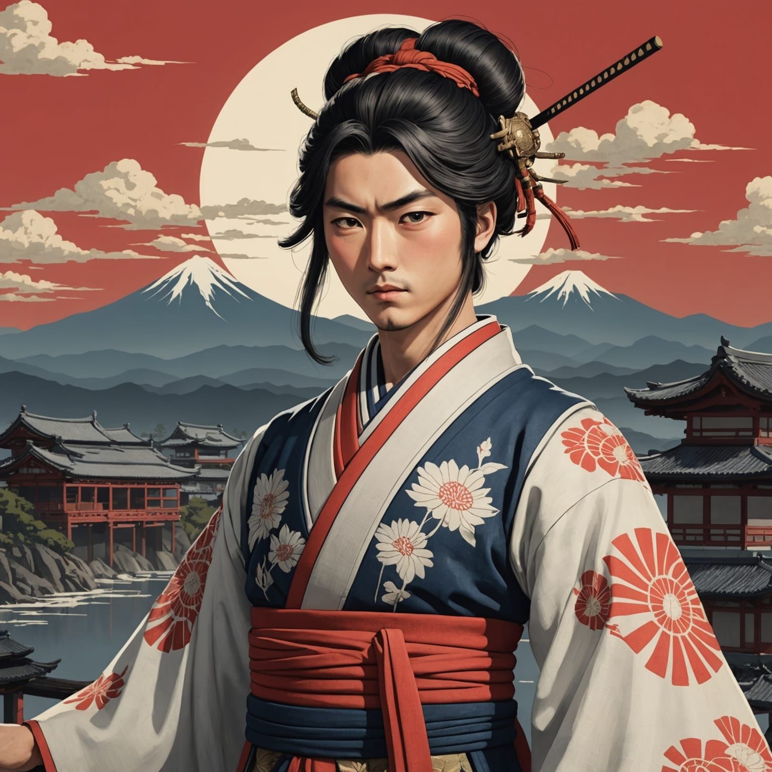 Ukiyo-e Rising Sun in Anime Style