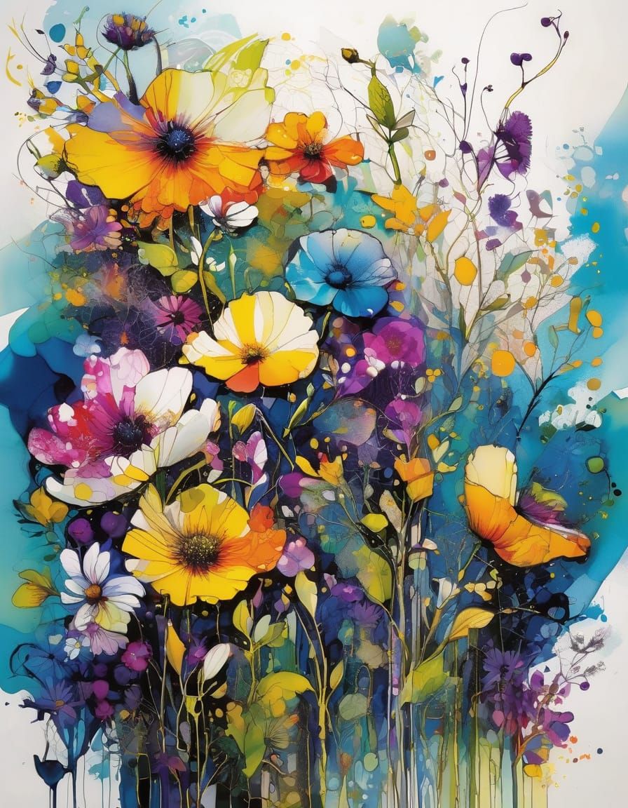 Vivid Wild Flowers in Alcohol Ink Style