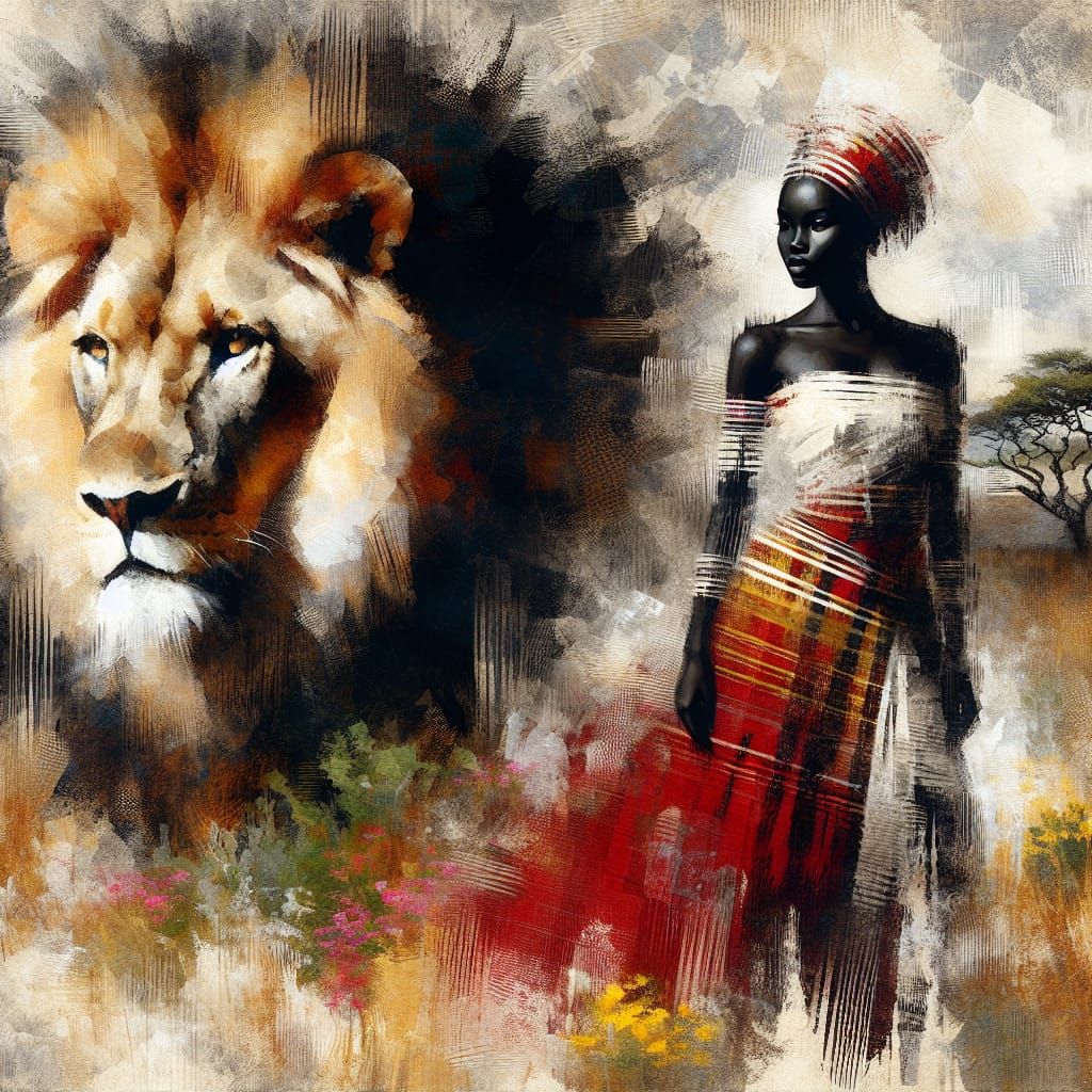 Lion and African Woman in the Savannah