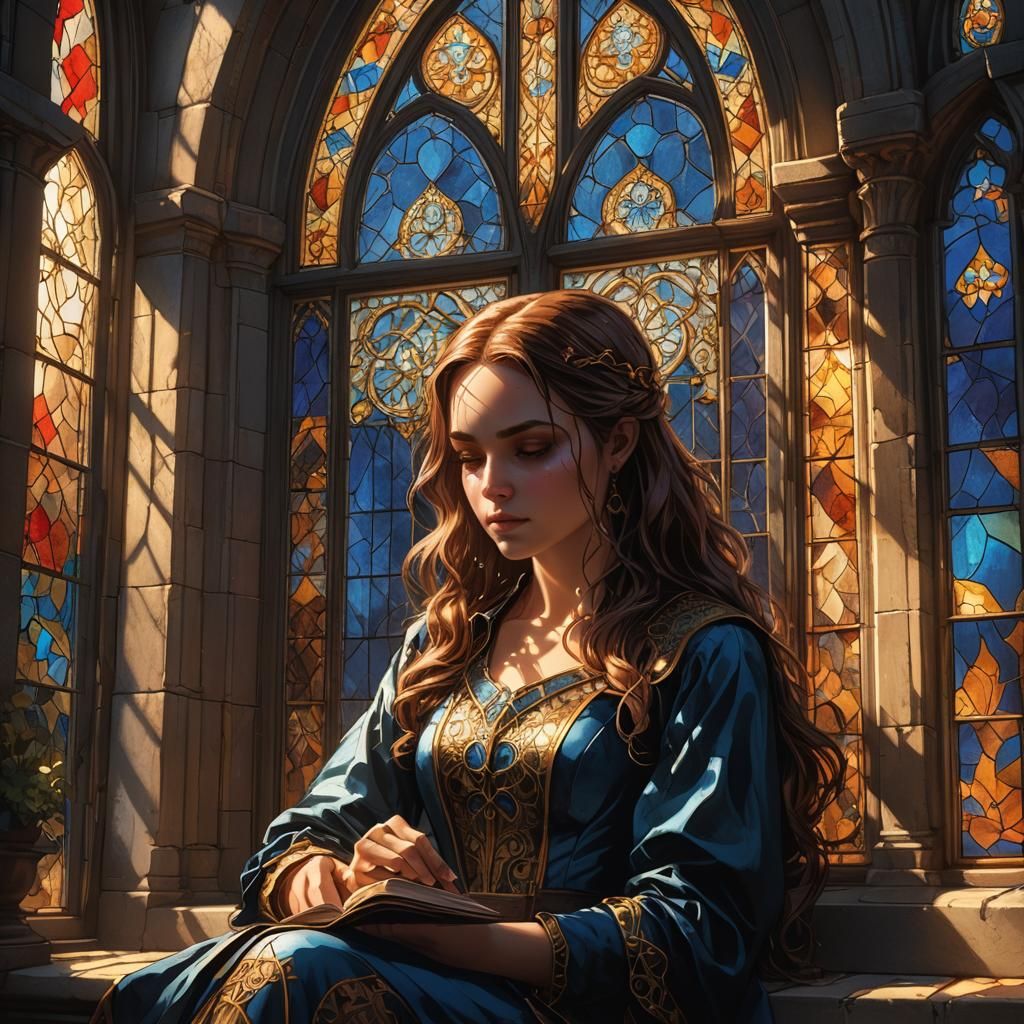 Girl Reading Novel in Gothic Window, Fantasy Art