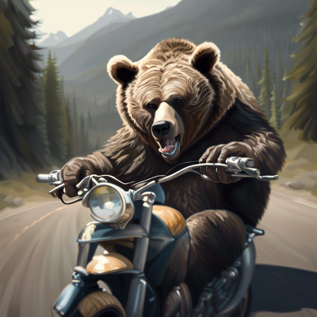 Grizzly Bear on Motorbike Enjoys Cookies