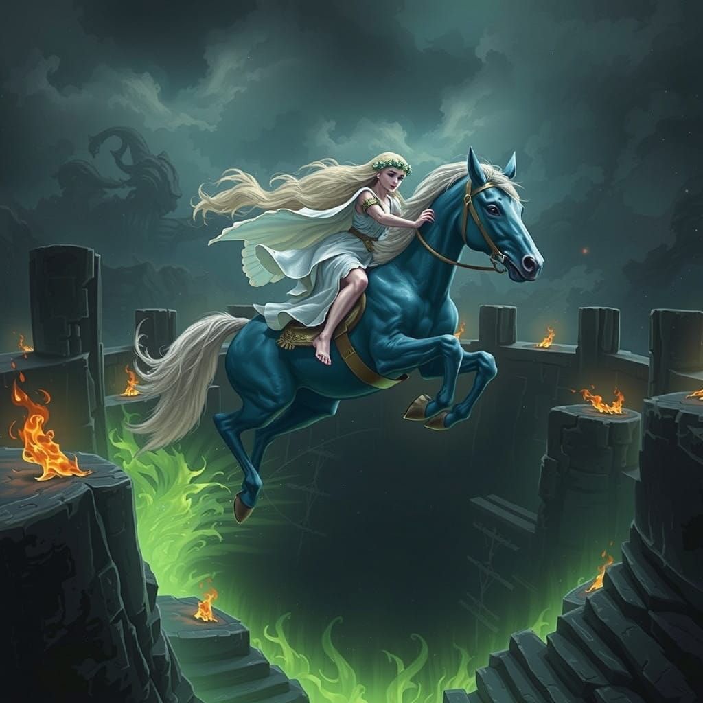 Girl Rides Blue Pegasus Through Fiery Pit in Fantastical Ill...