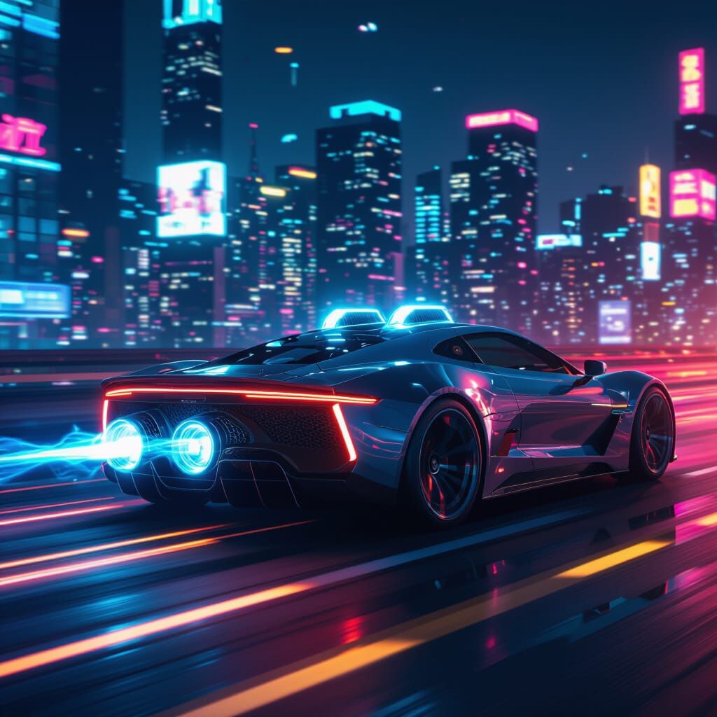 Futuristic Sports Car With Sonic Boosters Speeds Through Neo...