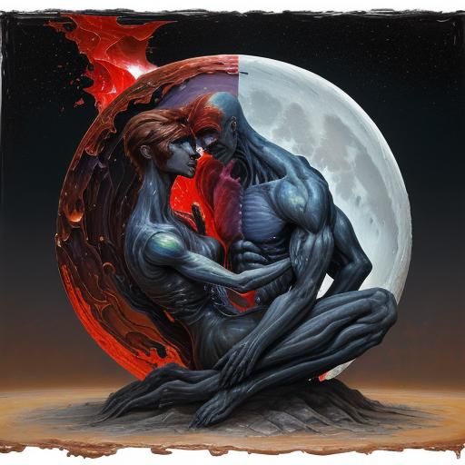 Indigo Aliens on Moon Bench, Expressionist Oil Painting