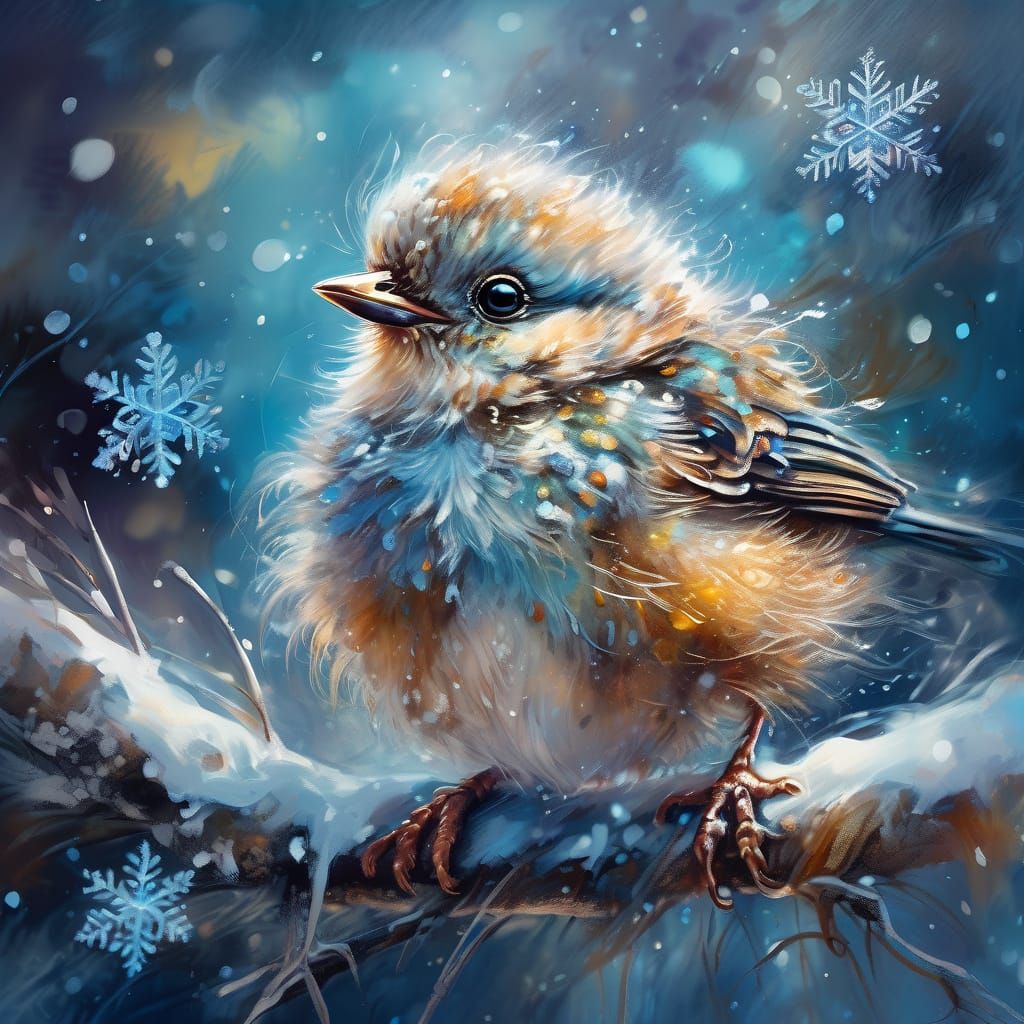 Fluffy Baby Bird Catches Snowflake in Cold Night Scene