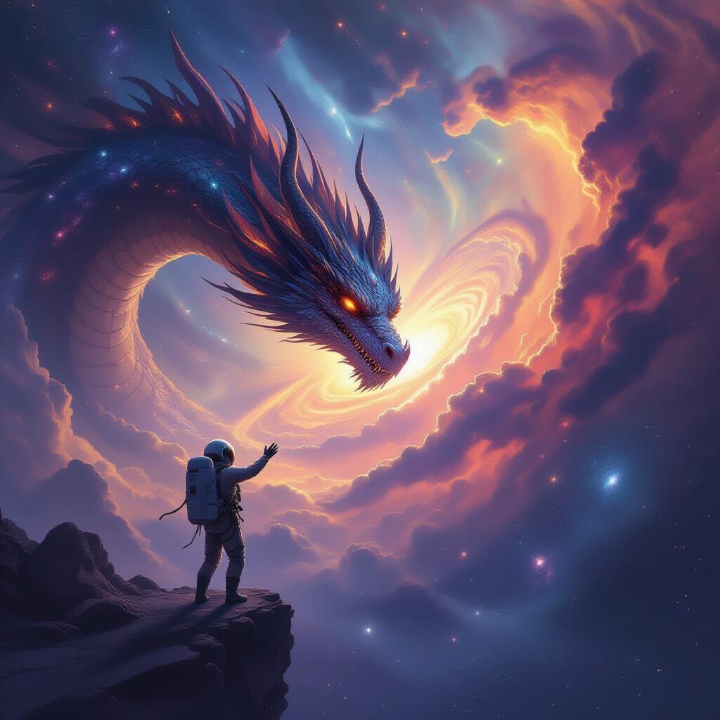 Astronaut Encounters Stardust Dragon in Nebula