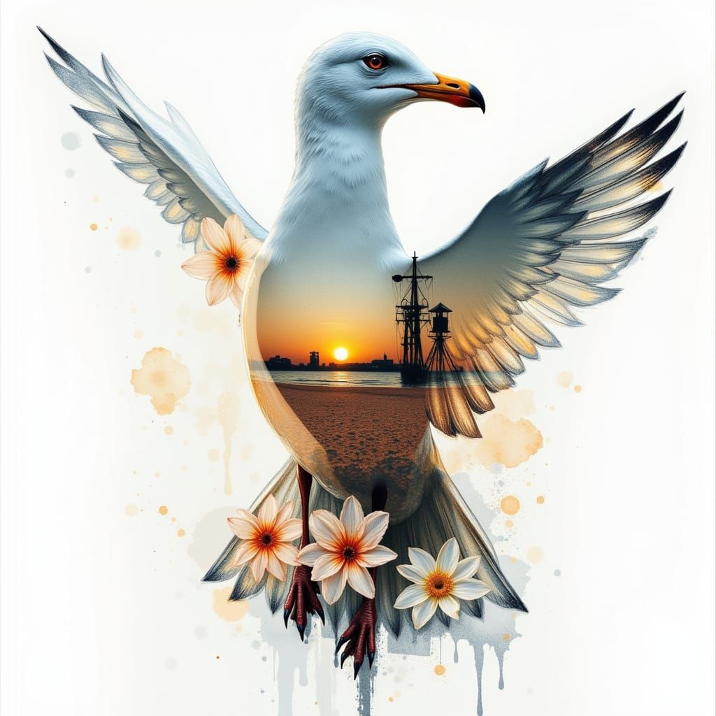 Sea Gull Digital watercolor Illustration with Dual Exposure ...