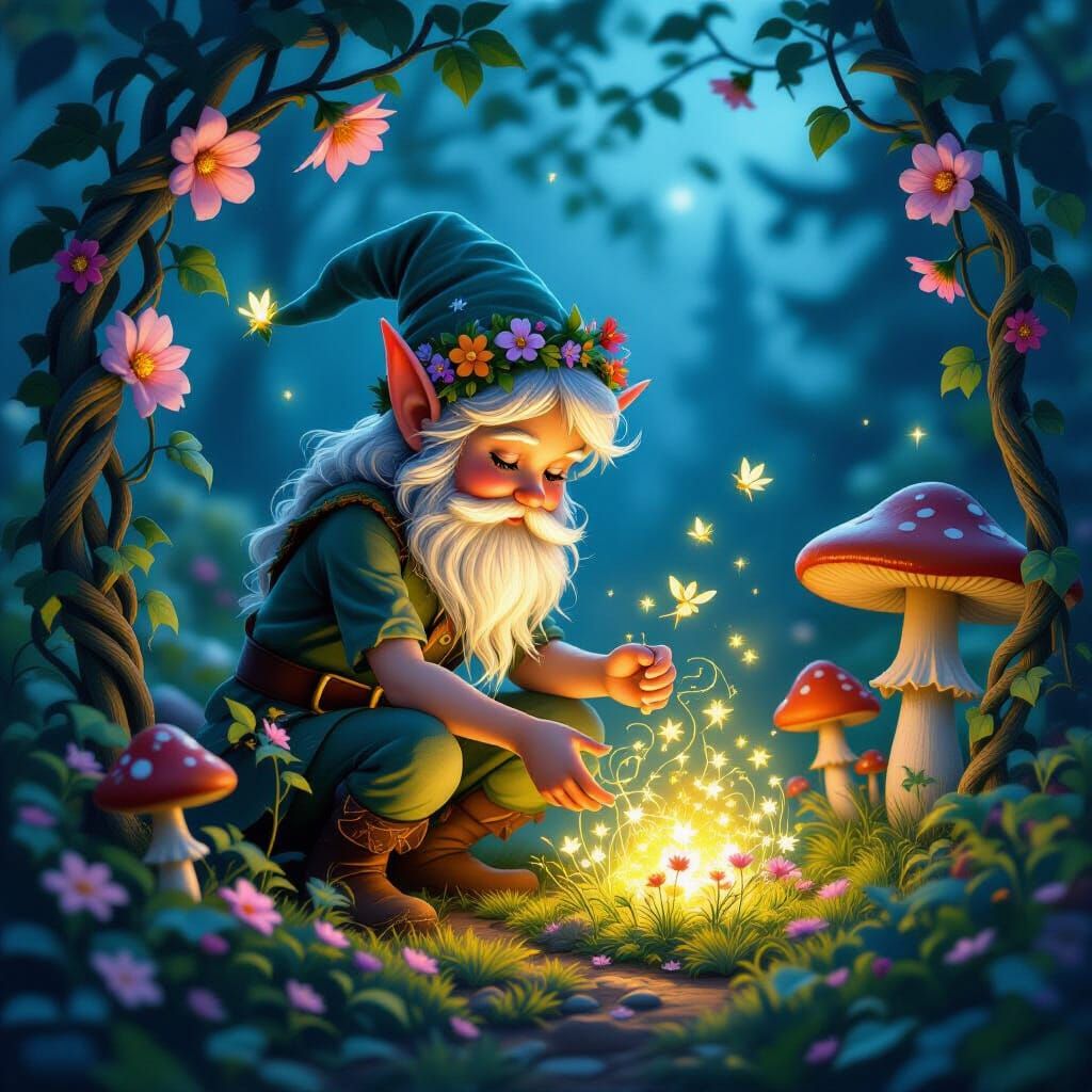 Whimsical Elf Tends Enchanted Twilight Garden