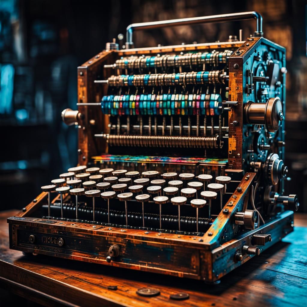 Hyperdetailed Vintage Enigma Machine in Splash Art Style