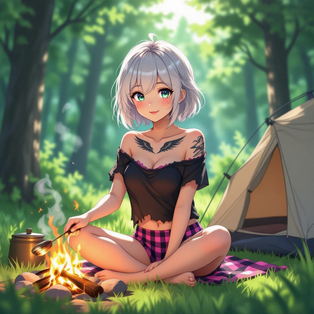 Anime Girl Camping: Studio Trigger Style Illustration