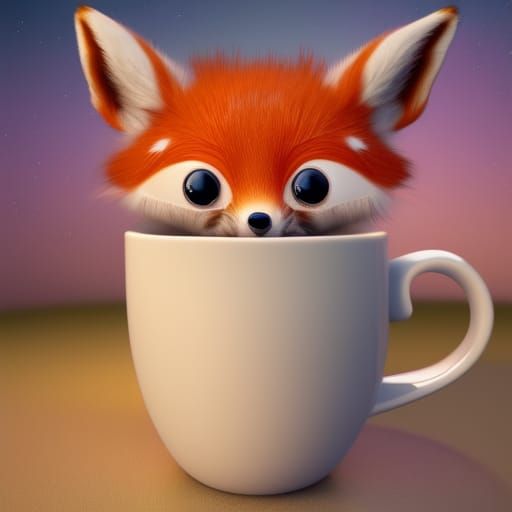 Cute Baby Fox in Teacup: 3D Digital Art
