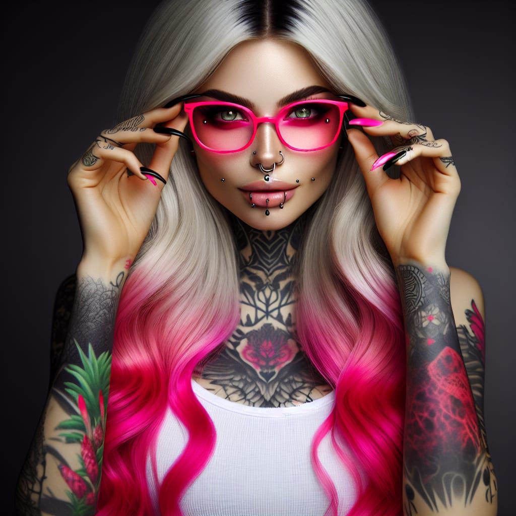 Visually Striking Woman with Neon Pink Hair and Tattoos