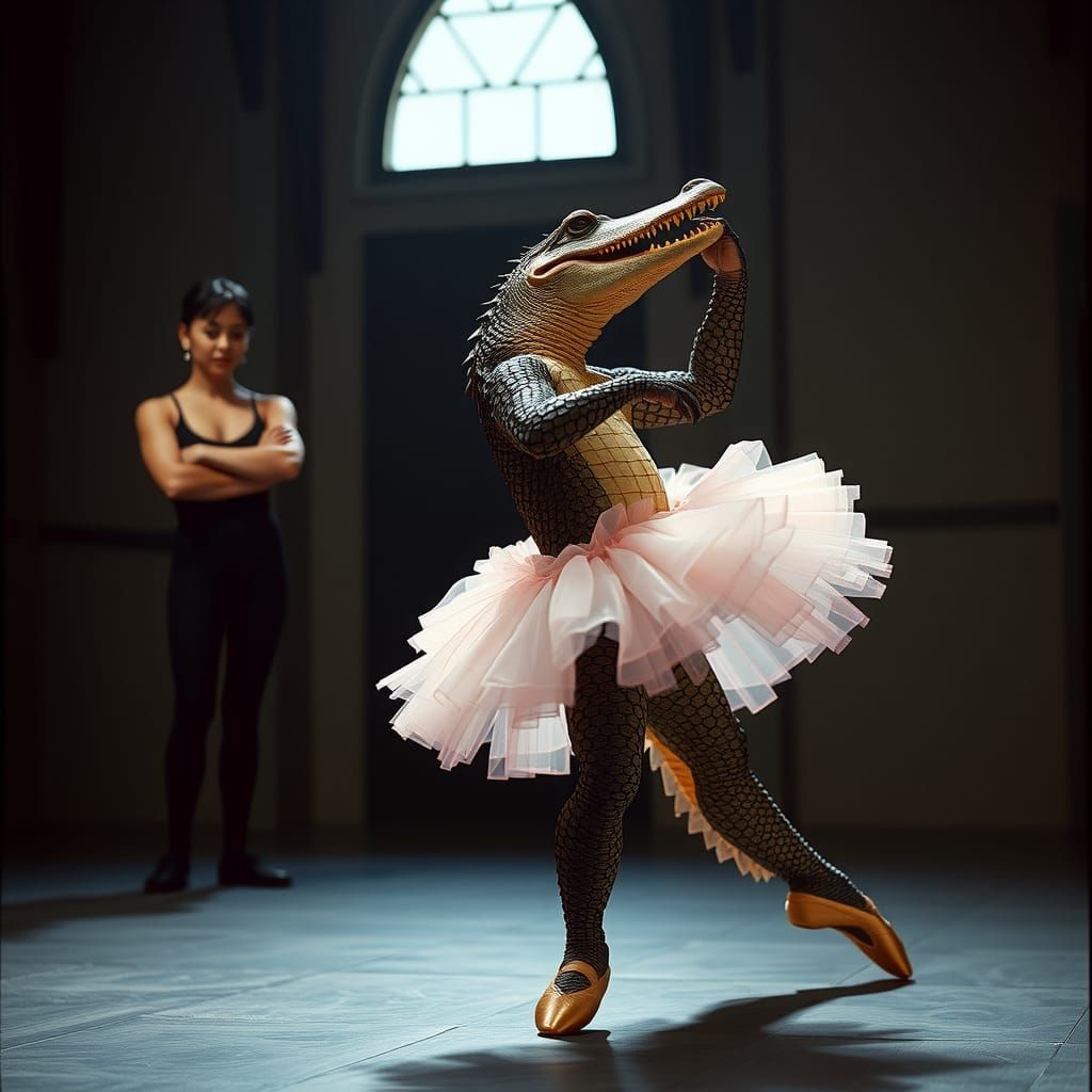 Crocodile's Ballet Debut: A Cinematic Film Still