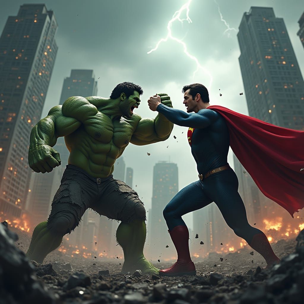 Hulk Battles Superman in a Futuristic Cityscape