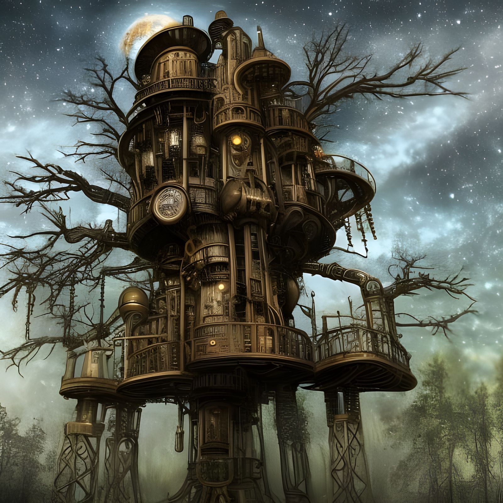 Steampunk Treehouse in the Sky: Digital Art